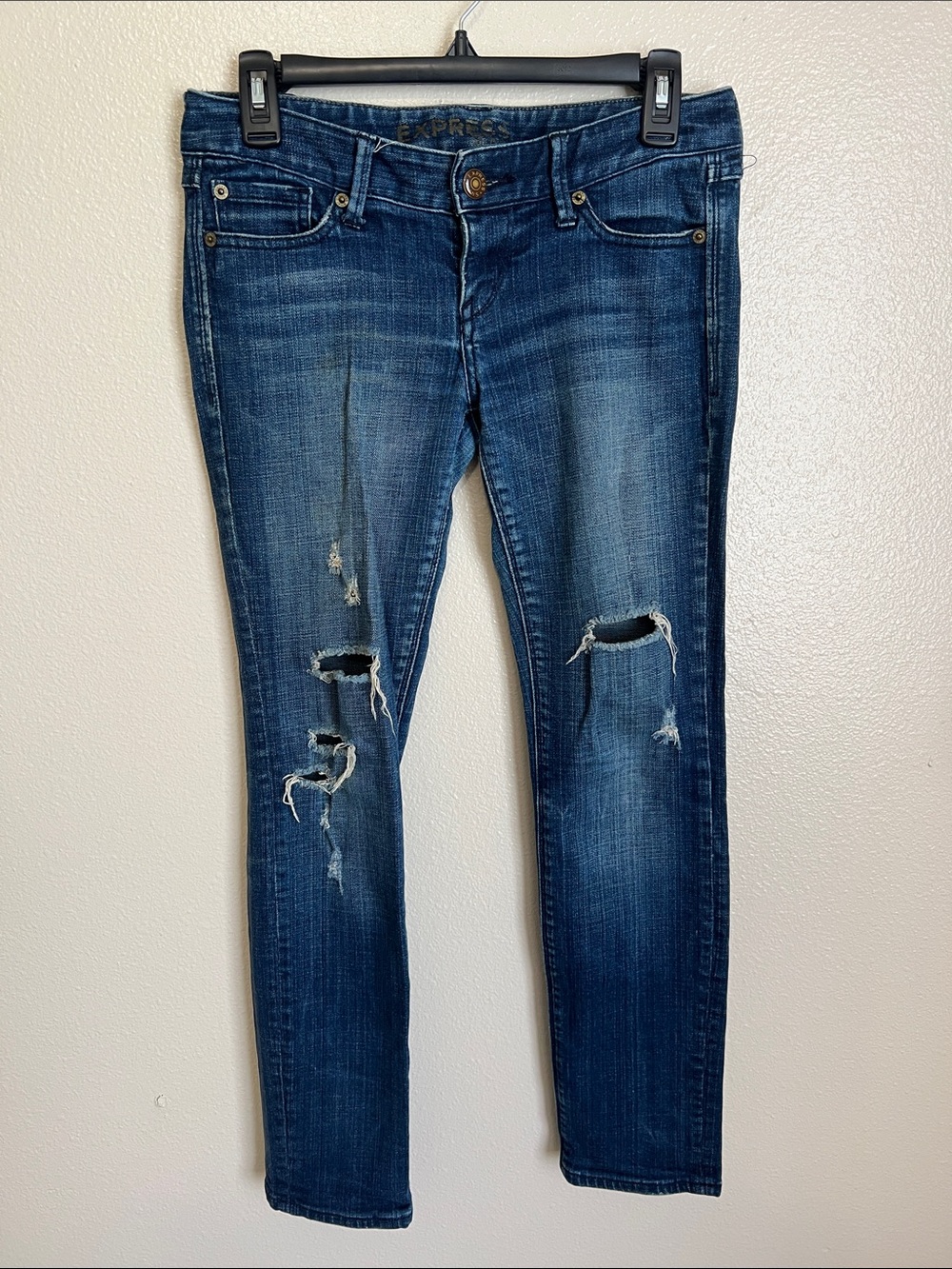 Express Dark Blue Vintage Low Rise Distressed Skinny Jeans